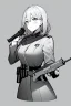 Placeholder: military girl takes out pistol, greyscale