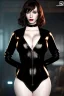 Placeholder: Christina Hendricks dressed in black leather catsuit, with a whip in her hand, inside a dungeon, busty, cleavage, angry, stern look, volumetric lighting, particales,highly detailed,cinematic, deep colours,8