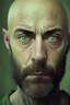 Placeholder: Portrait of a bald man, unkempt beard, dark circles, green eyes, distracted and nervous look