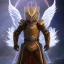 Placeholder: The first image is of the main character's full body. He’s to look like a powerful angel, symbols on his hands glowing, His background should be that of space above with stars and standing on a paradise of a planet. His belt can transform into a white dragon.