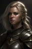 Placeholder: create a female half-elf from dungeons and dragons, medium ash blond hair, shoulder length hair, dark grey eyes, windswept hair, wearing leather armor that also looks studded, realistic, digital art, high resolution, strong lighting