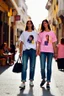 Placeholder: mujeres caminando por una céntrica calle de una ciudad española, visten ropa de segunda mano, camisetas y vaqueros, es la moda y es tendencia, fotografía real, de cara a la cámara