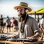 Placeholder: A short brown beard DJ with a hat on his head, sing at microphone, many electronic consoles around,dunes beach, FRONT VIEW