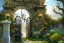 Placeholder: intricate ornate gate, garden, path, flowers, fine detail, acrylic paint, Steampunk