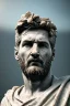 Placeholder: Ultra Realistic image, Roman sculpture, clean white marble material, Lionel Messi, Laurel leaves wreath, gold ornaments, chisel style, waist up portrait, epic, celestial, cinematic lighting, god rays, 4k resolution, smooth details, soft lighting, unreal engine 5, blue sky background.