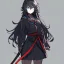 Placeholder: Clear focus, High resolution, long black fluffy hair, blue eyes, wearing a black sailor uniform, red tie, yandere, rough line sketch, dark aura, holding a katana, hair between eyes, 1girl, standing in grey sand, scary