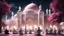 Placeholder: Hyper Realistic lots of men-praying-outside a beautiful grand-white-&-pink-mosque with Ramadan-lighting-decorations at dark night with stars on sky & tree-arches