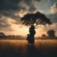 Placeholder: Hyper Realistic Silhouette of a mother carrying her child at cloudy sunset in a field with tall grass & a old-thick-tree showing cinematic & dramatic ambiance