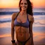 Placeholder: Skinny fitness model with toned abs standing and smiling in bikini at sunset, perfect face, looks like mix of Alina Angelina and Angelina Jolie