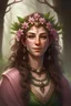 Placeholder: Generate a dungeons and dragons character portrait of the face of a female spring Eladrin. She is a druid sage. She looks sweet and approachable. She wears a dainty circlet made of spring branches. Her hair is pink, short and curly, her skin is deeply tanned. Her eyes are dark pink.