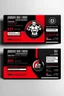 Placeholder: business card layout for a realistic gym instructor, red and black, vector art with gym machines, white background with email, address, phone number and Instagram icons