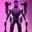 Placeholder: handsome, cute man, handsome man in futuristic suits, black and white highlight hair color, pink and purple background, pink lighting, deep purple backlighting, gun, smoke, robot suits