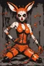 Placeholder: Tank girl, fly pose, rabbit mask, orange and black short hair, latex suit, highly detailed, fullbody, splashes blood, behind guts rising from the ground, papercut illustration by <John Kenn Mortensen>, darkred tones,