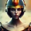 Placeholder: portrait, grand scam sleazy girl, short hair, warm light, small helmet, holding up old scroll, blurred silk background, steam, movie poster illustration art