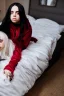 Placeholder: Billie Eilish, full body, on the bed, pale skin, high detail, realistic, 8k, not to be distinguished from a photo, identical pupils