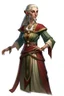 Placeholder: d&d high elf female in her fifties wearing medieval dress with hands behind her back