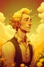 Placeholder: Un retrato al estilo comic de Guybrush Threepwood en un campo florido, bajo un cielo de nubes esponjosas, con una atmósfera tranquila, una paleta de colores cálidos, un contraste suave y una luz suave y difusa