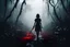 Placeholder: realistic scene surrealis horror, silhouette girl from back holding a bloody machette walking in the jungle path, bold mist, fog, cinematic, dramatic lighting