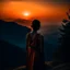 Placeholder: dark night, watching a woman from behind wearing a sleeveless dress who is watching a beautiful orange sunrise in the distance, mountains and forests around, photo quality