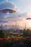 Placeholder: ufo rainbows, cité cristal très futuriste ultra moderne, ufos fleet, intergalactic, dômes de cristal, beautiful gardens , flowers