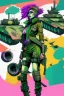 Placeholder: Digital illustration of comic book style cartooned Tank girl giving the middle finger, giant green military tank behind her, color pencils, ink, counter culture, dystopian, retro futuris. 90s riot girl look, punk aesthetics, collage, psychedelic, grime, textured, mixed media with a british pop culture influence, maximalism, feminist icon,