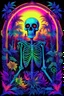 Placeholder: neon skeletons, 3D embossed textured ethereal image; midnight hues, extreme colors, neon skeletons at a rave party in a graveyard; trippin', psychedelic, groovy, art nouveau; indica, sativa, leaves, gig poster art, macabre, eldritch, bizarre, extreme neon colors, mixed media, velvet, blacklight, uv