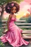 Placeholder: create a watercolor image of A curvy chibi cartoon black woman sitting on a park bench, facing the sunset. She has brown eyes accentuated by dramatic makeup. Her brown hair is done up in an elaborate curled twist. She sits slightly angled, wearing a flowing pink maxi dress with tropical flowers that seems to flutter in the gentle breeze.