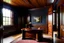 Placeholder: Picture of a study with mahogany panelled walls, a large heavy door and a large darkwood desk, photorealistic, dark fantasy, 4k