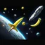 Placeholder: draw cartoon yellow banana as starship flying in space.