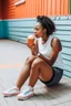 Placeholder: a woman sitting in a basketball court and eating ice cream