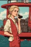 Placeholder: 23 years old girl, with blond hair and a messy bun. standing on in a red boat, wearing red clothes and looking trough binoculars watching something in the middle of the sea. You see the whole boat. You see the gril in front. It's a ferry. Wes anderson style. In front. Sarcastic vibe. Old school interior.