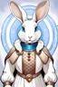 Placeholder: anthropomorphic rabbit with white fur and blue eyes in a breastplate