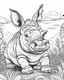 Placeholder: create a 2d black outline, "safari smiling cartoon rhino coloring book for adults", coloring page, low details design, black contour, coloring page design, simple background, colorful , card style, coloring page for kids, white background, sketch style, safari landscape, cartoon style