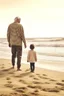 Placeholder: old man walking on beach with little child telling him about the wonders of life style of hiroku ogai walking away from camera