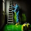 Placeholder: Painters in overalls stained with lime stains Standing on a ladder and painting green A room with a window, on the floor near the ladder Open paint cans, a can of yellow paint and a can of blue paint spilled on the floor creating a mixed puddle of beautiful colors, ultra-realistic shot, photo, 12K