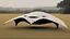 Placeholder: small, sleek, squat, cargo spaceship shaped like a manta ray, sitting in a field