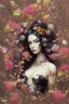 Placeholder: abstract creation of a beautiful girl with black curly hair, surrounded by black roses, thick metal chain broken, glass petals on the ground, autumn colours,dried out thorn bush, chaos,