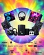 Placeholder: A beautiful banner design with photos of party speakers and party boxes, several models of headphones, mobile chargers, and JBL speakers in the middle of the image, and several famous logos from world-renowned audio and video systems at the bottom of the image with a psychedelic color theme.