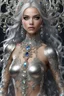 Placeholder: Length picture photography realistic full body of young woman, beautiful, shiny hard eyes, make up, Fantasy style, shiny baubles, ornate, large gemstones, shiny molten metalics, shiny wire filigree, silver hair, high definition, high res, octane render