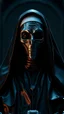 Placeholder: a front view of the Nun from the horror movie, riding a metallic skin texture in a 3d rendering full-height image of a grim and dark scene. Ensure the final images exhibit the utmost quality, encompassing 4K, 8K, and 64K resolutions, with 3D rendering that manifests in photorealistic, hyperrealistic, and highly detailed representations. Employ techniques such as HDR, UHD,
