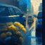 Placeholder: morning, window, rain, blue, flowers in the road, city, crowd, cars, sunlight, golden