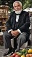 Placeholder: Full length photograph of a 58 year old, strong and chubby Neapolitan antiques dealer, at the street market, elegantly dressed, old glasses, short white beard, short shaved hair, under the sun, stocky, open shirt, hairy chest, sitting in a furniture stall of antique and mirrors, big belly, big shoulders,, sunlight, ambient occlusion, side light, photorealistic, side view from the ground