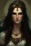 Placeholder: portrait of Cynara, the antagonist, she became mean after a stroke of faith, she is beautiful and has long dark hair, her appearance is like a greek goddess