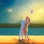 Placeholder: 2 lovers last kiss in sand island with tent and river background