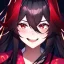 Placeholder: Clear focus, 8k, beautiful lighting, vibrant colors, girl, black long hair, vibrant red eyes, hair in between the eyes, laughing, angry, up close, kimono