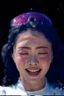 Placeholder: An image of a young Korean woman with a eyes closed expression happy, holding her hands up as if she is reacting to a catastrophic event in front of her. Film, cinematic, realistic, extreme depth of field, She is wearing a white blouse with detail, blue shorts, and sunglasses pushed up onto her head. In front of her, there is a highly detailed planet resembling Earth, dramatically cracking and breaking apart with fiery explosions and molten lava visible at the fractures.