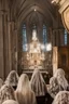 Placeholder: 7 sisters wearing lace veil praying in church.cinematic.dark mood