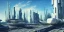 Placeholder: Spaceport on a heavy industrialized planet with futuristic high rise buildings with glass facades in the background and a docked spaceship in the foreground, art by John Berkey, brutalist architecture, insanely detailed, vibrant, 8k uhd, cinematic atmosphere, ultra-wide angle, street level view, brush strokes, blue sky with clouds, sharp focus