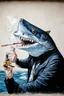 Placeholder: catfish with shark head smoking a ciggarrette in the style of banksy