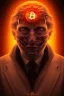 Placeholder: satoshi nakamoto in the bitcoin brain, Fire theme art, Dark moody night atmosphere, , 8K, close-up face, anatomically perfect face